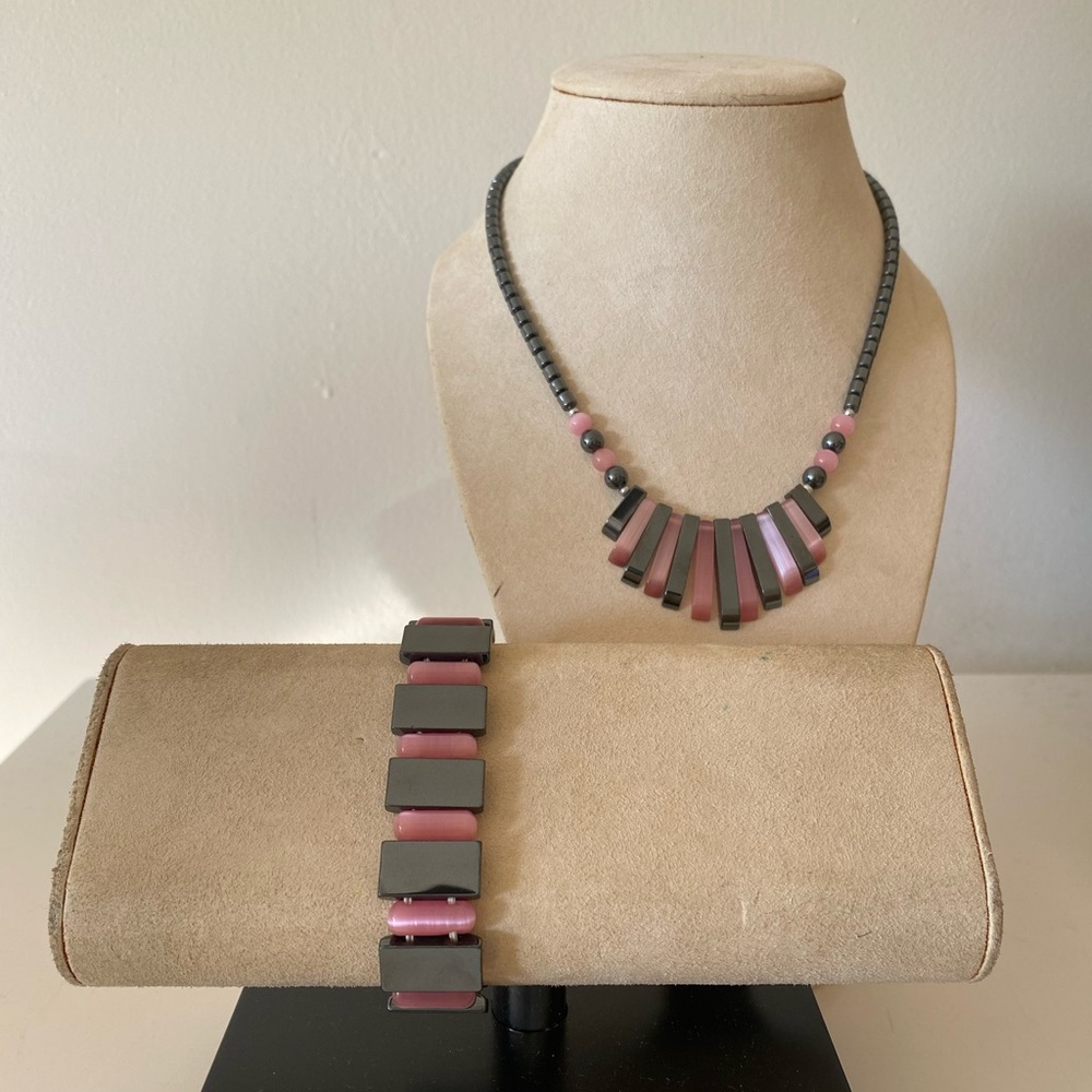 Pink & Black Hematite Stone Necklace and Bracelet